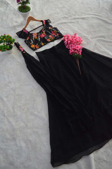 Georgette Function Wear Readymade Lehenga Choli In Black Color
