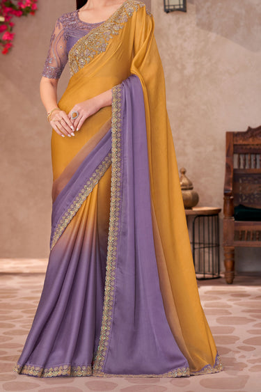 Excellent Chiffon Fabric Mustard Color Saree With Border Work