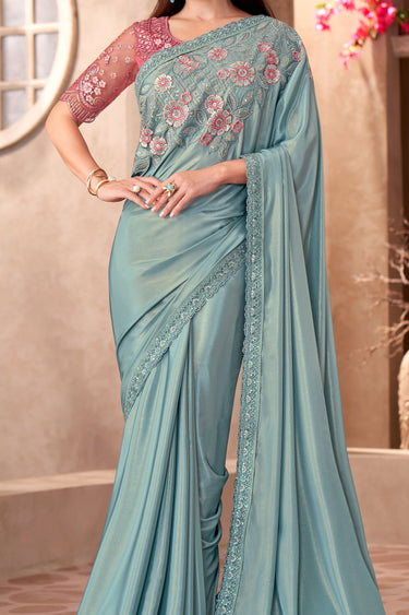 Crepe Silk Fabric Light Cyan Color Saree With Attractive Border Work