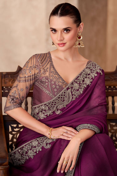 Marvellous Border Work On Satin Chiffon Fabric Saree In Purple Color
