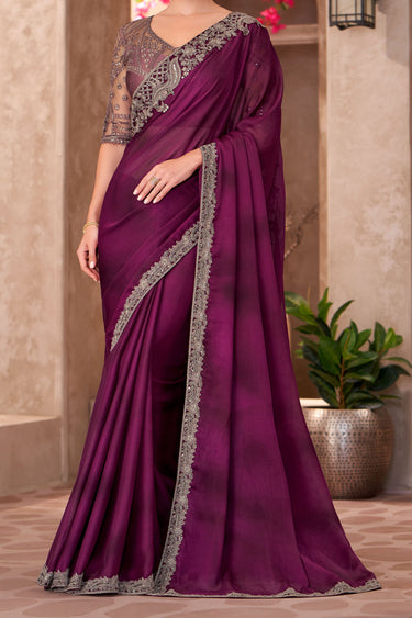 Marvellous Border Work On Satin Chiffon Fabric Saree In Purple Color