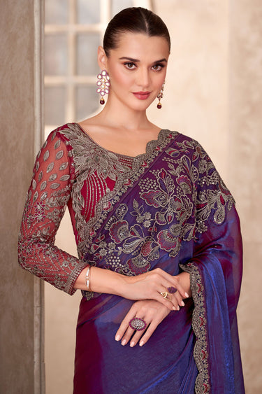 Solid Georgette Fabric Border Work Saree In Purple Color
