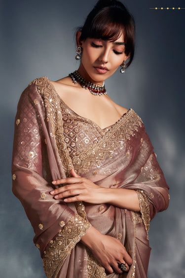 Fancy Heavy Work On Organza Fabric Bewitching Saree In Brown Color