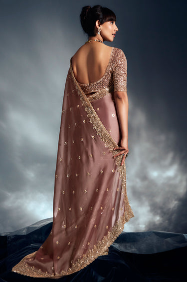 Fancy Heavy Work On Organza Fabric Bewitching Saree In Brown Color