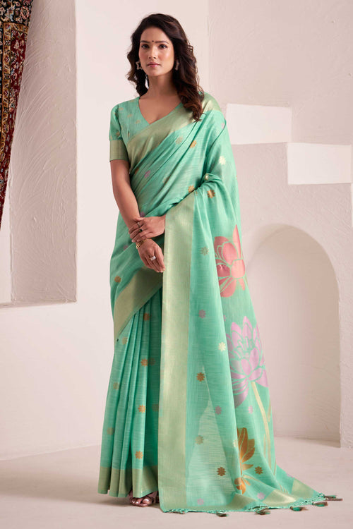 Cyan Linen Jacquard Border Saree