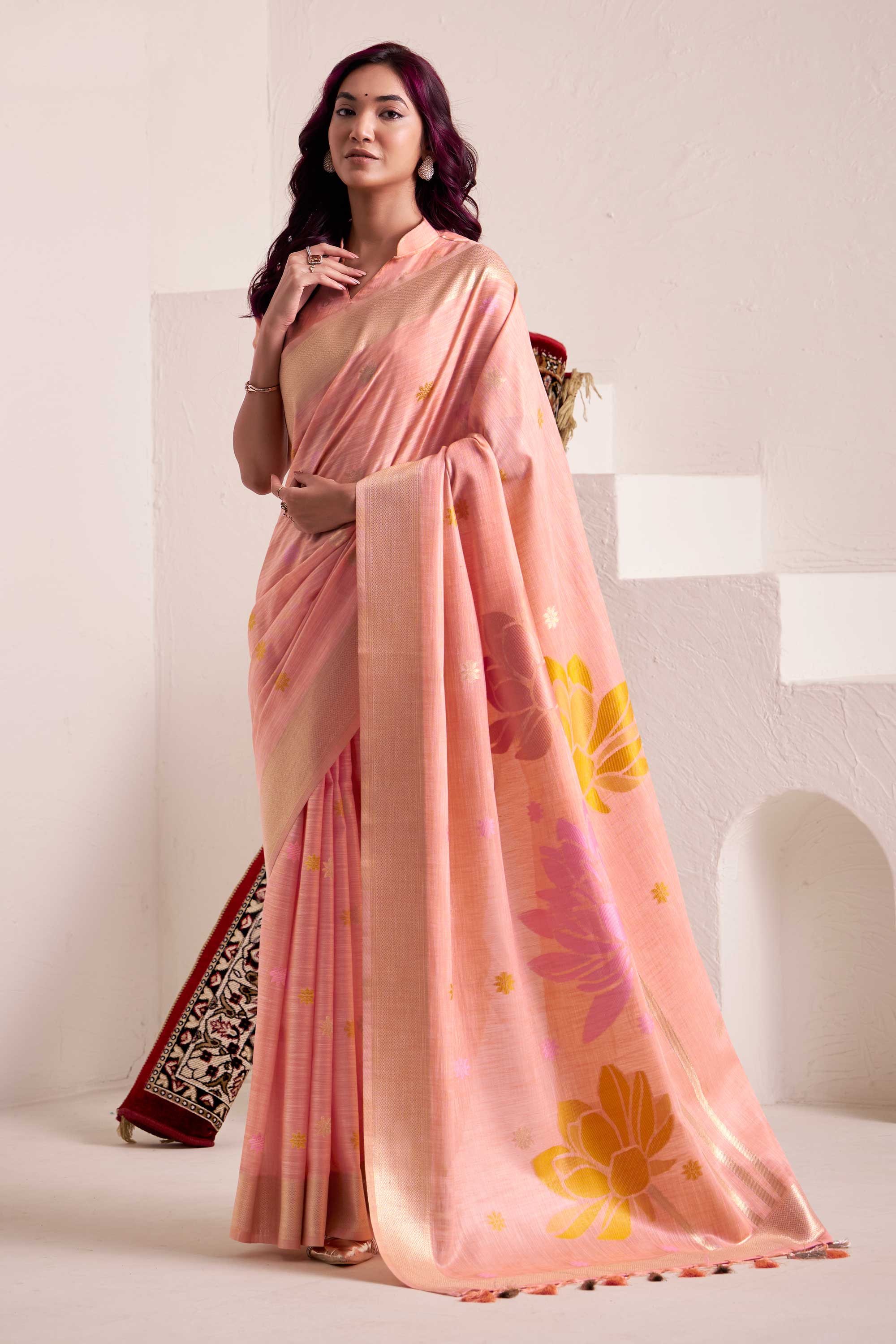 Peach Linen Jacquard Border Traditional Saree – Sarees Bazaar
