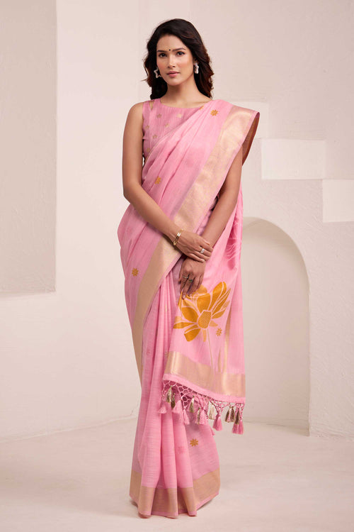 Elegance Pink Linen Jacquard Border Saree