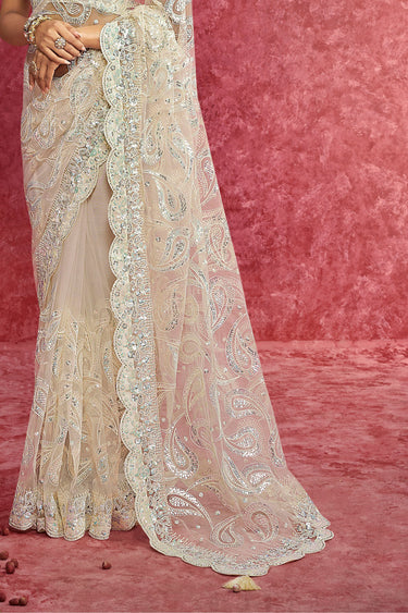 Embellished Cream Color Embroidered Border Fancy Fabric Saree