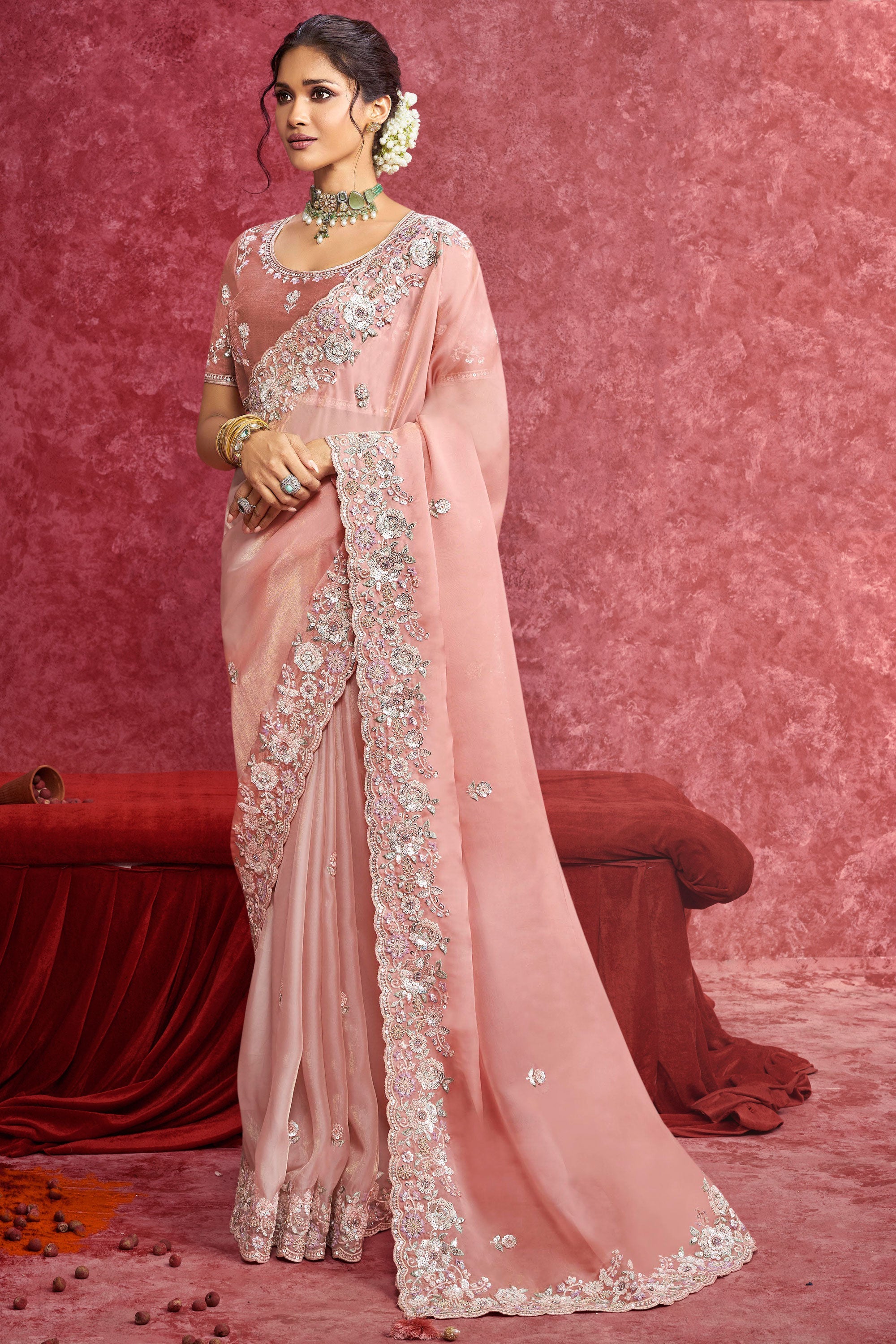 Peach Color Fascinating Embroidered Border Fancy Fabric Saree – Sarees ...