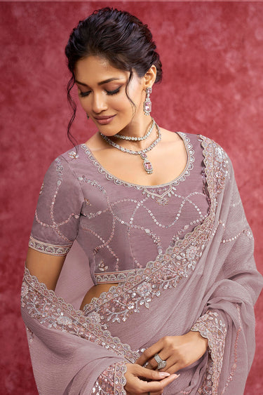 Ingenious Embroidered Border Lavender Color Fancy Fabric Saree