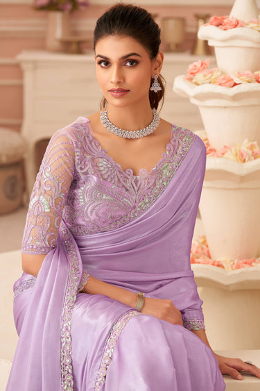 Purple Party Wear Chiffon Lace Border Work Saree