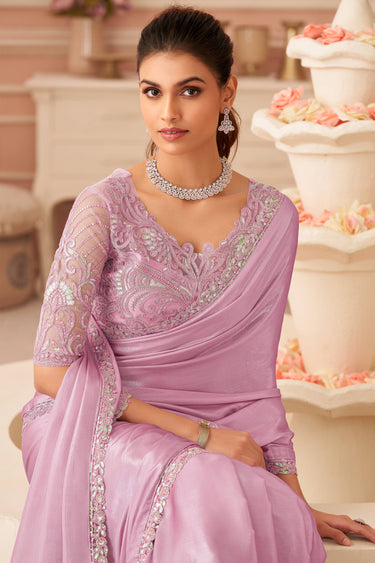 Chiffon Lace Border Work Saree In Pink Color