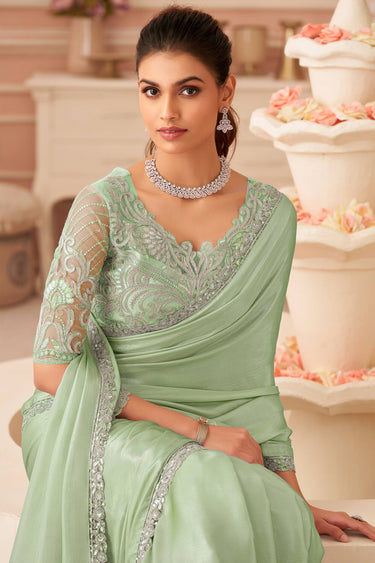 Sea Green Chiffon Lace Border Work Saree For Party Wear