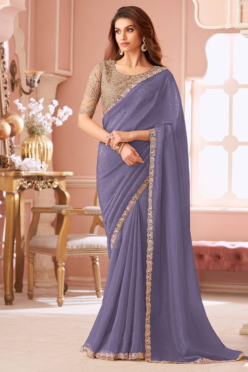 Lavender Georgette Lace Border Work Sangeet Wear Saree