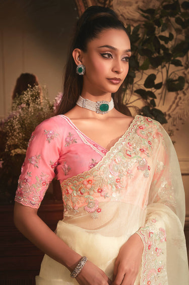 Organza Fabric Beige Color Patterned Saree With Border Work