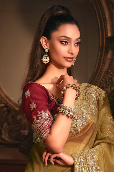 Dark Beige Color Organza Fabric Engaging Saree With Border Work
