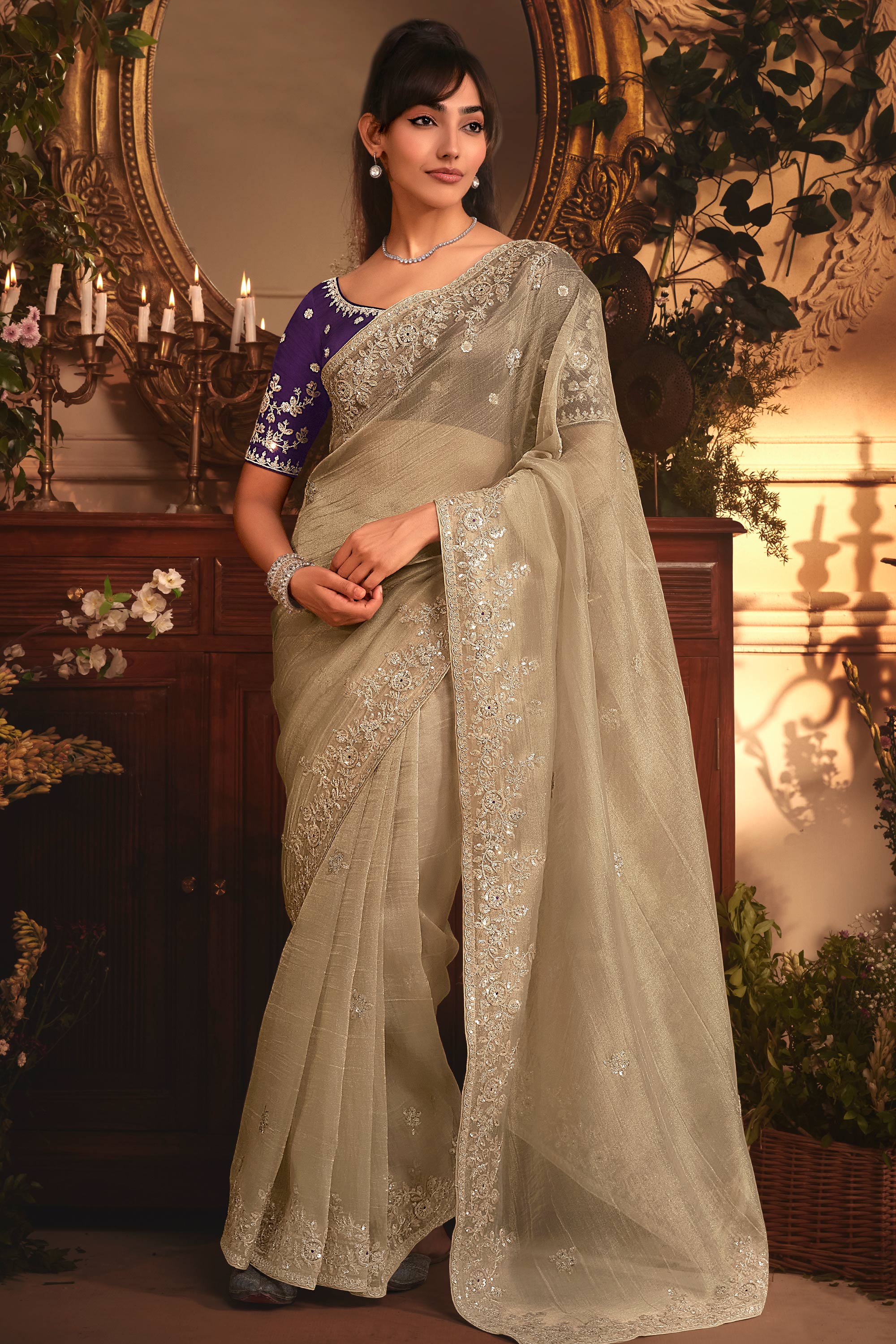 Creative Border Work On Cream Color Organza Fabric Saree – Sarees Bazaar
