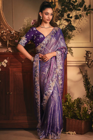 Incredible Border Work On Organza Fabric Purple Color Saree