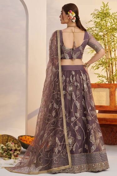 Glorious Function Wear Brown Embroidered Net Fabric Lehenga