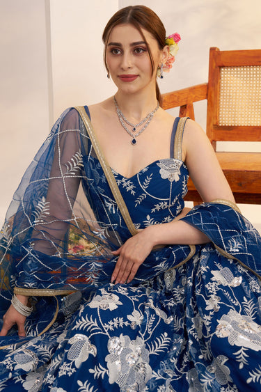 Graceful Function Wear Embroidered Blue Net Fabric Lehenga