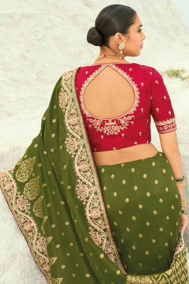 Green Viscose Border Work Wedding Wear Saree With Embroidered Blouse