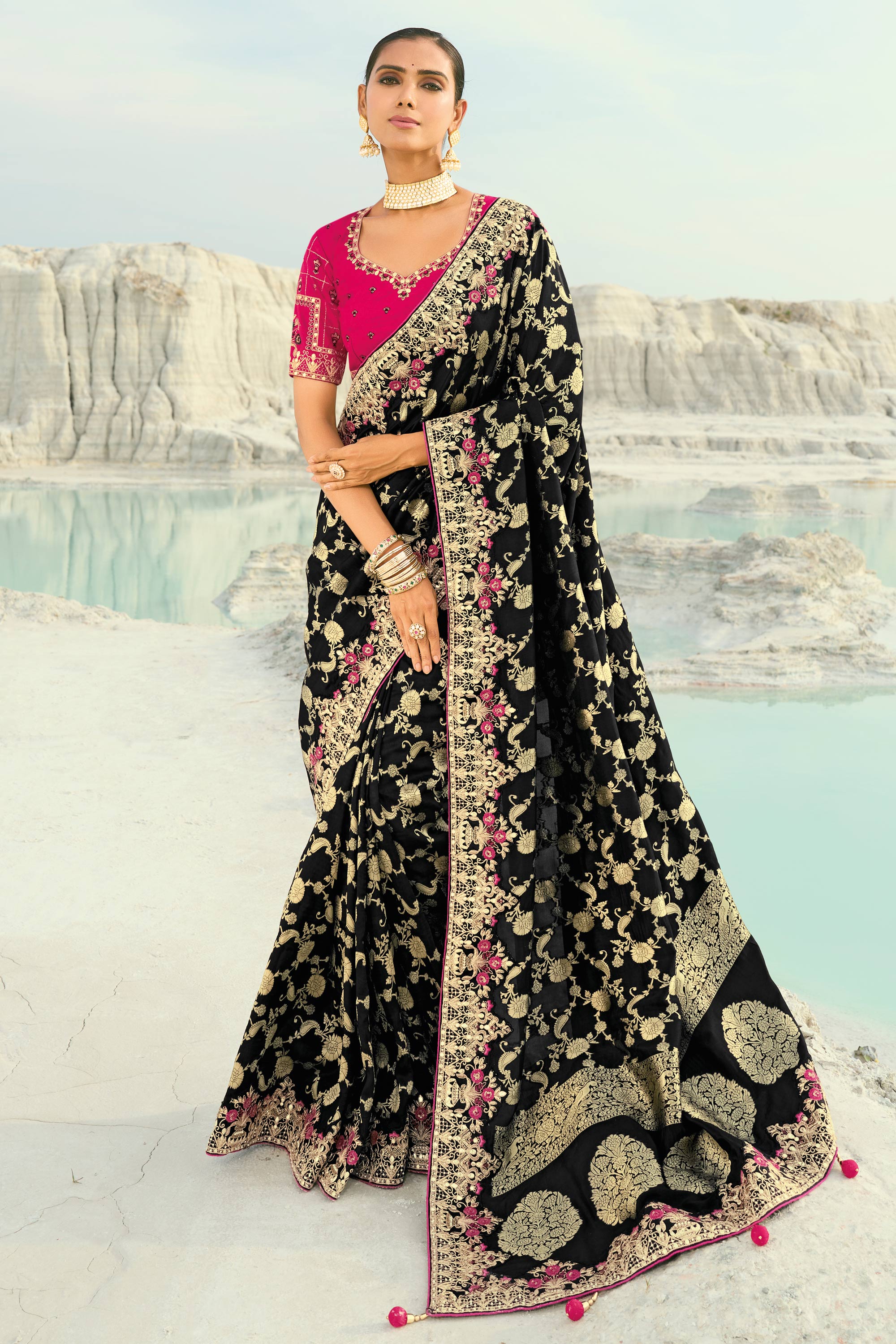 Border Work Black Function Wear Designer Saree With Embroidered Blouse ...