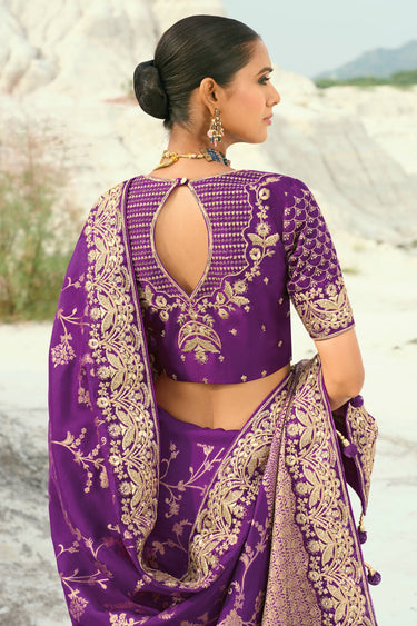 Viscose Border Work Purple Saree With Embroidered Blouse