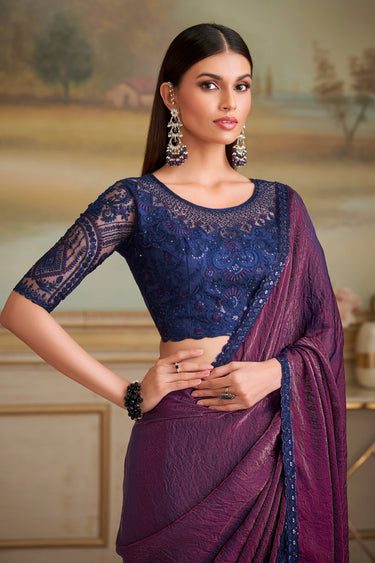 Lace Work Purple Saree For Festive Wear