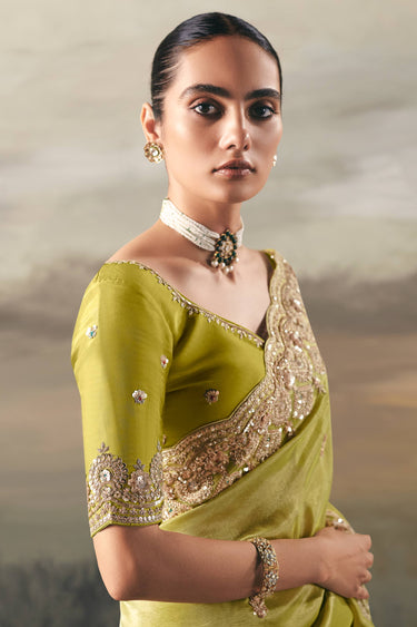 Border Work Tissue Green Sangeet Wear Saree