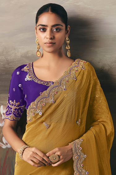 Mustard Sangeet Wear Tissue Border Work Saree