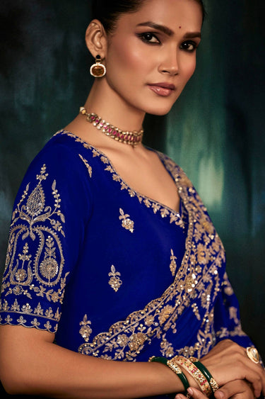 Embroidered Fancy Fabric Blue Wedding Wear Saree