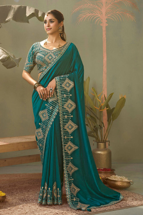Teal Festive Wear Art Silk Embroidered Saree