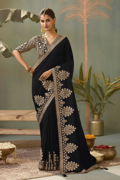 Art Silk Embroidered Black Saree For Function Wear