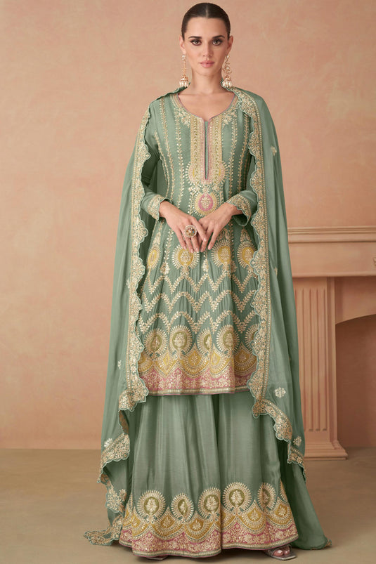 Eugeniya Belousova Chinon Fabric Sea Green Color Beatific Palazzo Suit