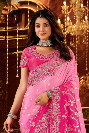Embroidered Border Work Pink Function Wear Saree