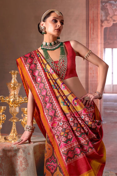 Art Silk Mustard Patola Printed Saree For Festive Wear