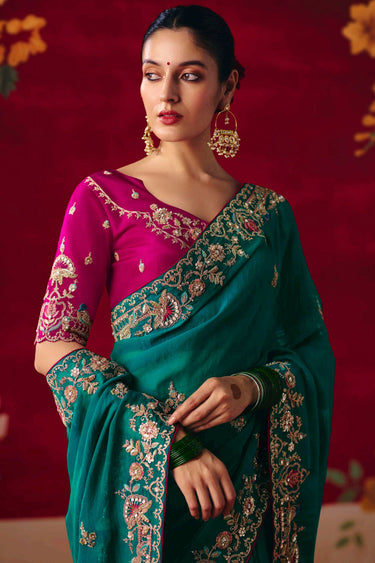 Art Silk Sequins Embroidered Teal Wedding Wear Saree