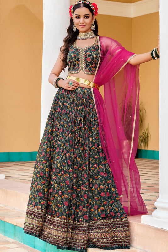 Teal Color Chinon Fabric Engaging Readymade Lehenga