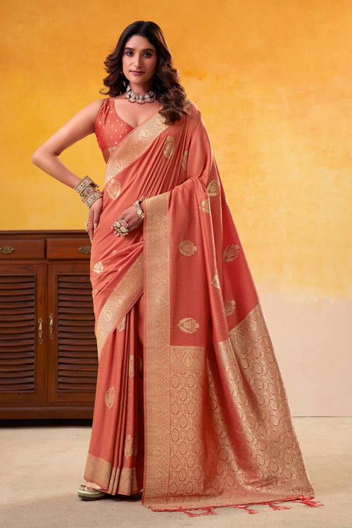 Art Silk Peach Weaving Work Saree For Function Wear