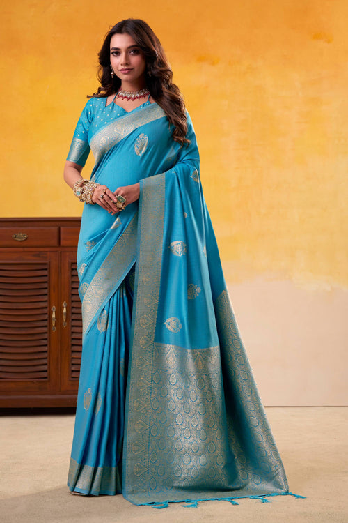Weaving Work Cyan Art Silk Fabric Function Wear Saree