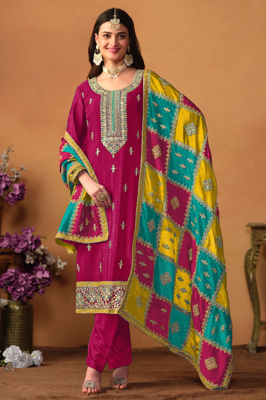 Fascinating Rani Color Chinon Silk Fabric Designer Suit With Multi Color Dupatta