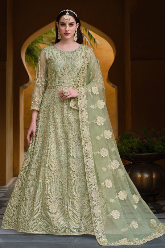 Sea Green Color Net Fabric Tempting Party Style Anarkali Suit