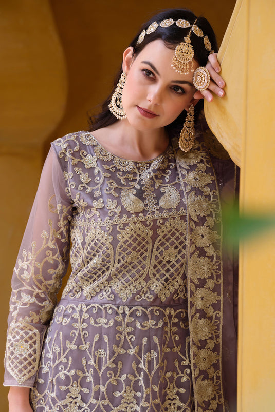 Trendy Lavender Color Net Fabric Party Style Anarkali Suit