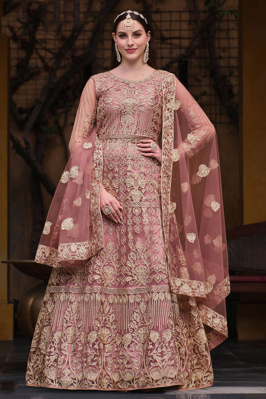 Net Fabric Pink Color Supreme Party Style Anarkali Suit