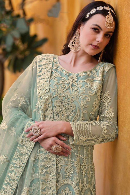 Alluring Net Fabric Green Color Party Style Anarkali Suit