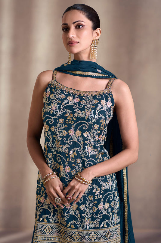 Diksha Singh Teal Color Georgette Fabric Adorming Function Wear Palazzo Suit