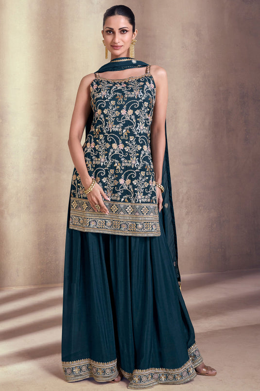 Diksha Singh Teal Color Georgette Fabric Adorming Function Wear Palazzo Suit