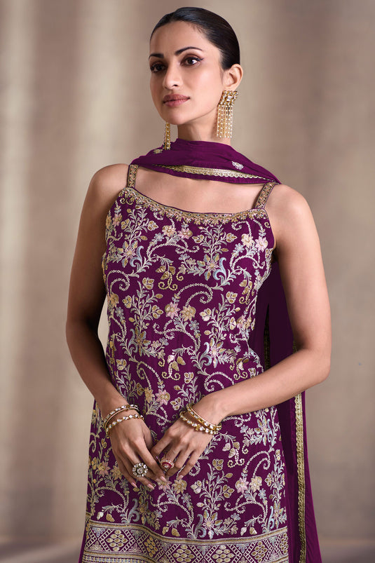 Diksha Singh Georgette Fabric Purple Color Function Wear Winsome Palazzo Suit