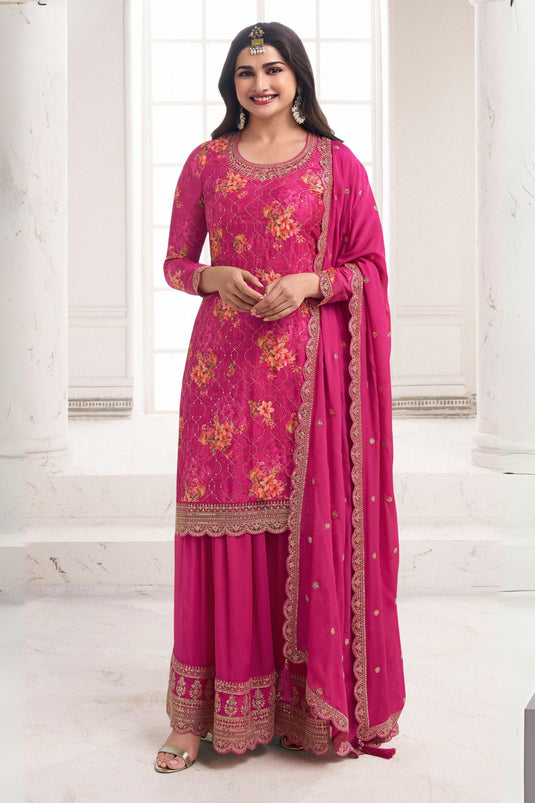 Prachi Desai Chinon Fabric Rani Color Floral Printed Winsome Palazzo Suit