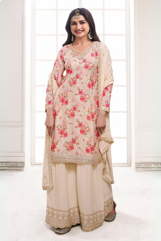 Prachi Desai Beige Color Chinon Fabric Floral Printed Awesome Palazzo Suit
